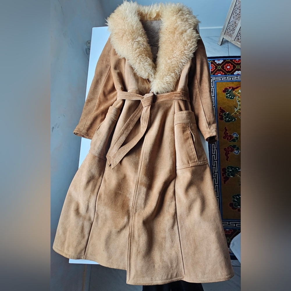 Vintage Genuine Suede Leather Tan Belted Pleated Pockets Pennylane Coat - Picture 11 of 16